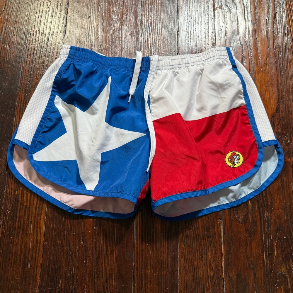 Buc-ees Shorts Womens M Red White Blue Texas Flag Running Mesh Dolphin Hem